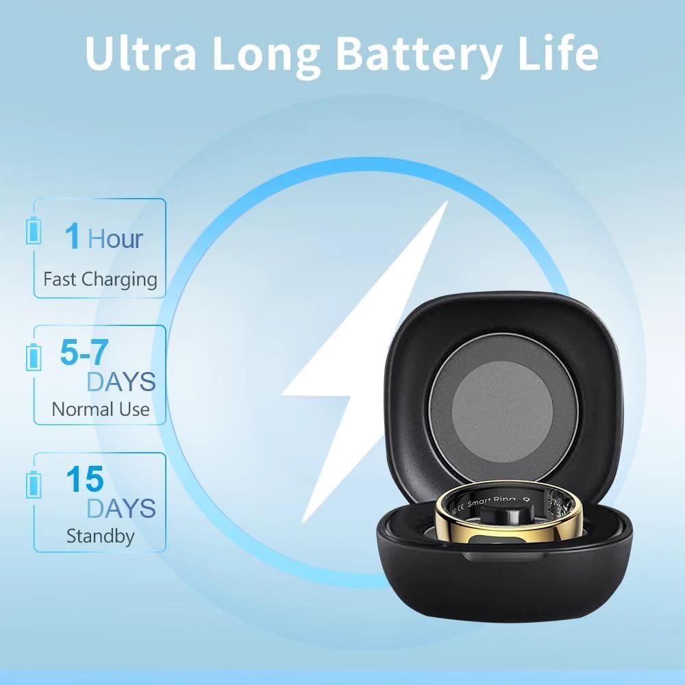 Smart Ring LED Touch Activity Tracker/Heart Rate/Sleep/Oximetry, 5ATM Smart Ring Music/Video Control, Smart Ring Fitness Tracker Compatible iOS/Android (Gold, 7)