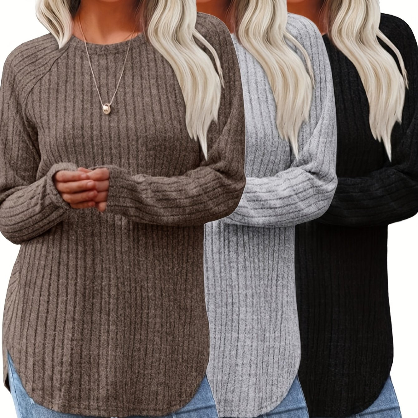 Lot De 3 Pulls Femme Élégants Col Rond Manches Longues Doux Et Légers Minimalistes Pour Le Quotidien by LSDLBoutique.ch