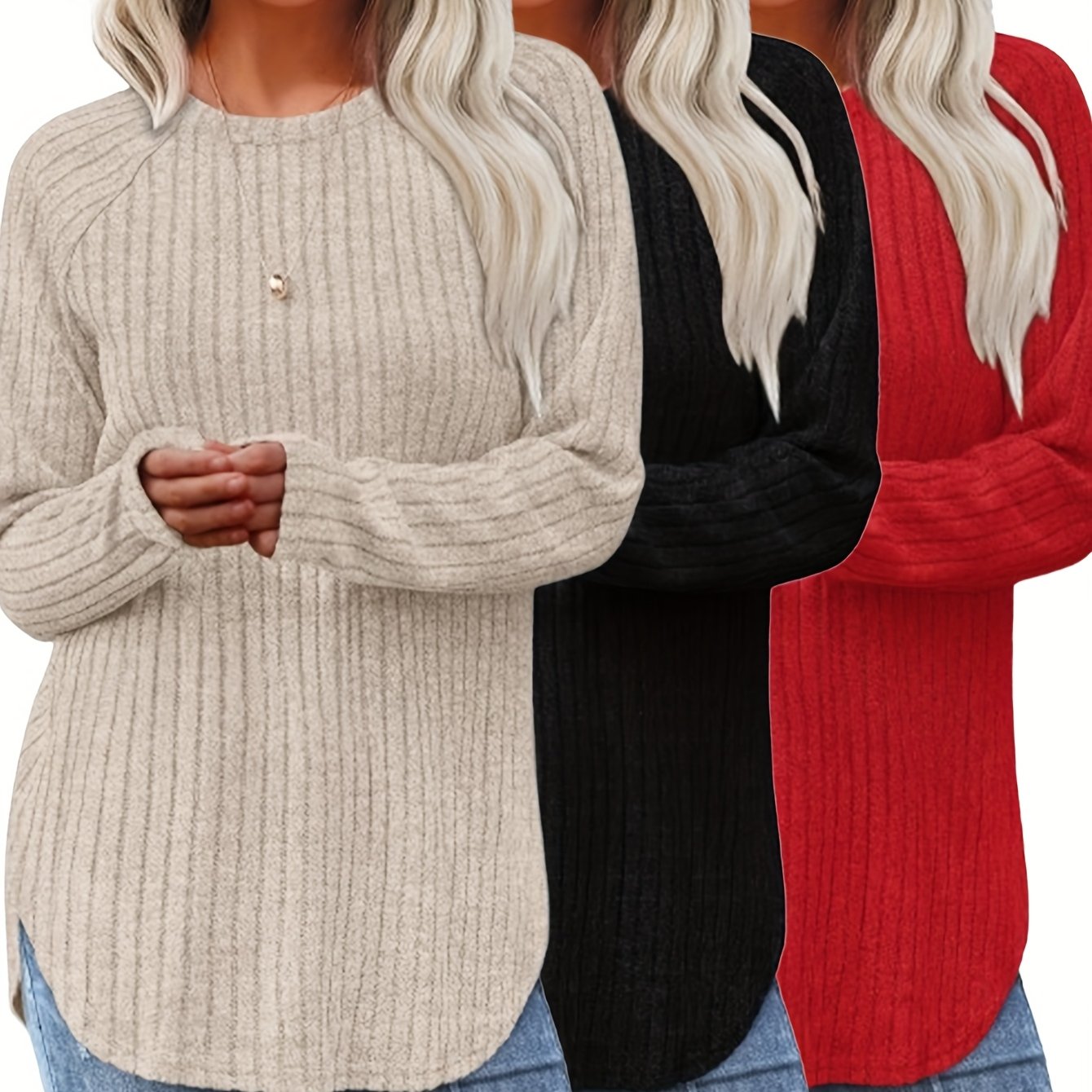 Lot De 3 Pulls Femme Élégants Col Rond Manches Longues Doux Et Légers Minimalistes Pour Le Quotidien by LSDLBoutique.ch