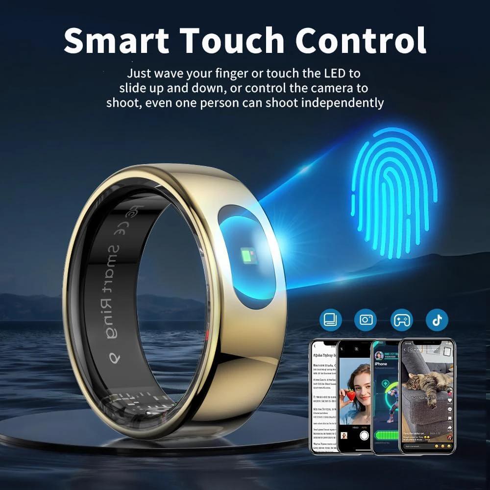 Smart Ring LED Touch Activity Tracker/Heart Rate/Sleep/Oximetry, 5ATM Smart Ring Music/Video Control, Smart Ring Fitness Tracker Compatible iOS/Android (Gold, 7)