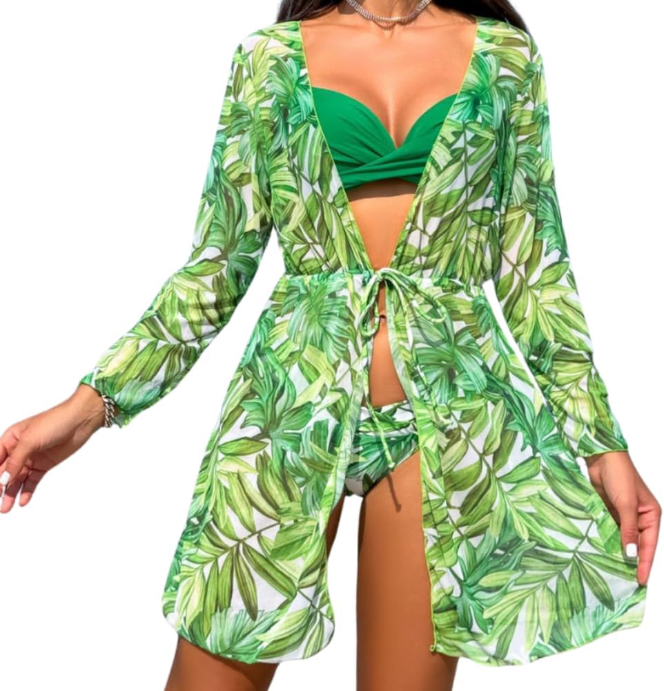 Ensemble Naïma – Kimono Tropical + Bikini Vert 2 pièces