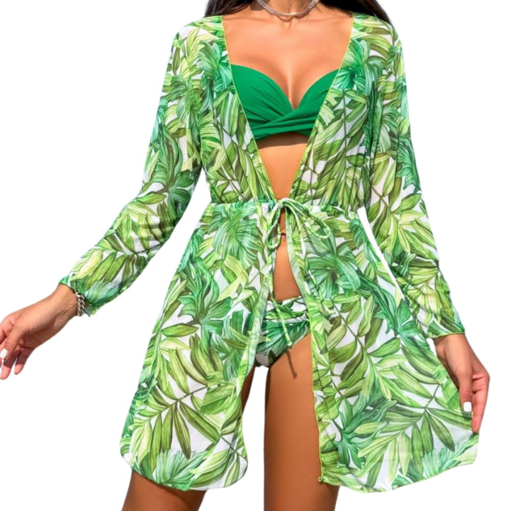 Ensemble Naïma – Kimono Tropical + Bikini Vert 2 pièces
