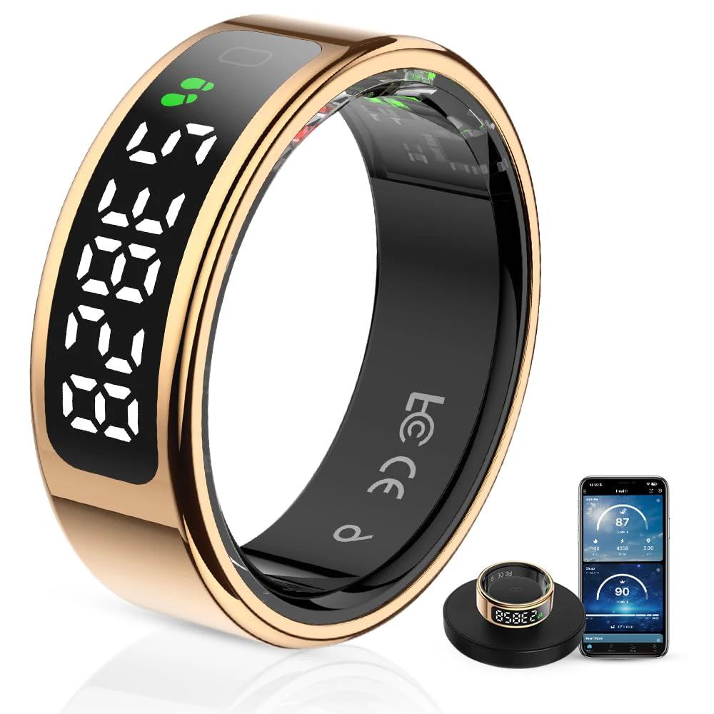 Smart Ring with LED Display, Activity Tracker/Heart Rate/Blood Oxygen/Women's Health/Sleep Touch Control Ring, Smart Ring Compatible iOS/Android (Gold, 10)