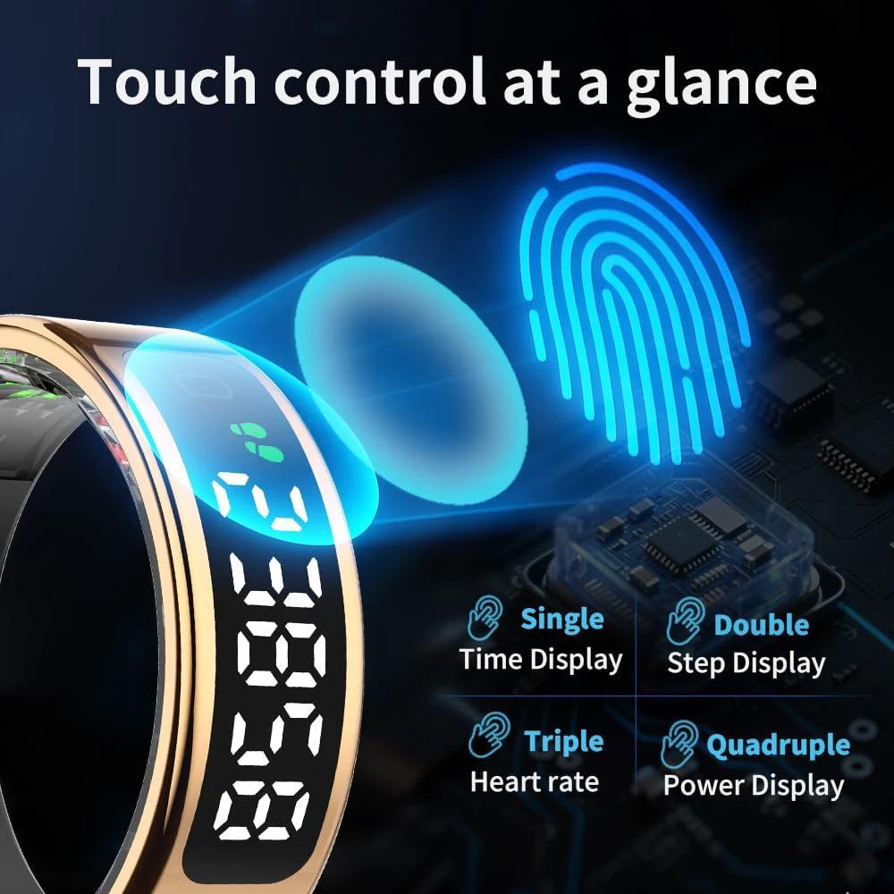 Smart Ring with LED Display, Activity Tracker/Heart Rate/Blood Oxygen/Women's Health/Sleep Touch Control Ring, Smart Ring Compatible iOS/Android (Gold, 10)