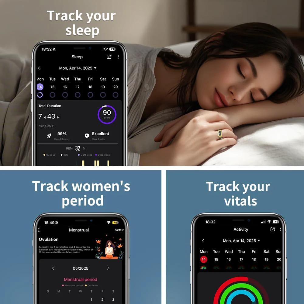 Smart Ring LED Touch Activity Tracker/Heart Rate/Sleep/Oximetry, 5ATM Smart Ring Music/Video Control, Smart Ring Fitness Tracker Compatible iOS/Android (Gold, 7)