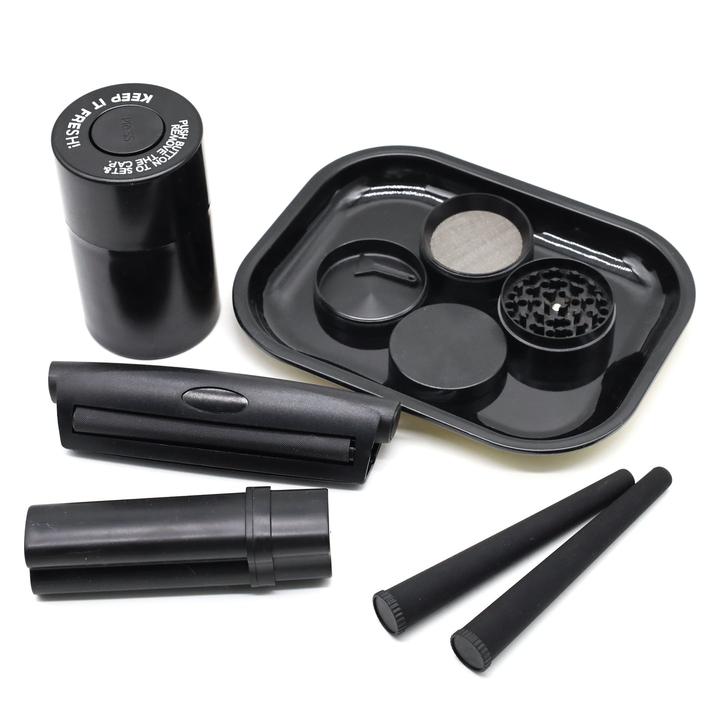 Set Fumeur Noir 7pcs : Grinder 50mm, Plateau, Pipe, Rouleur Cadeau by LSDLBoutique.ch
