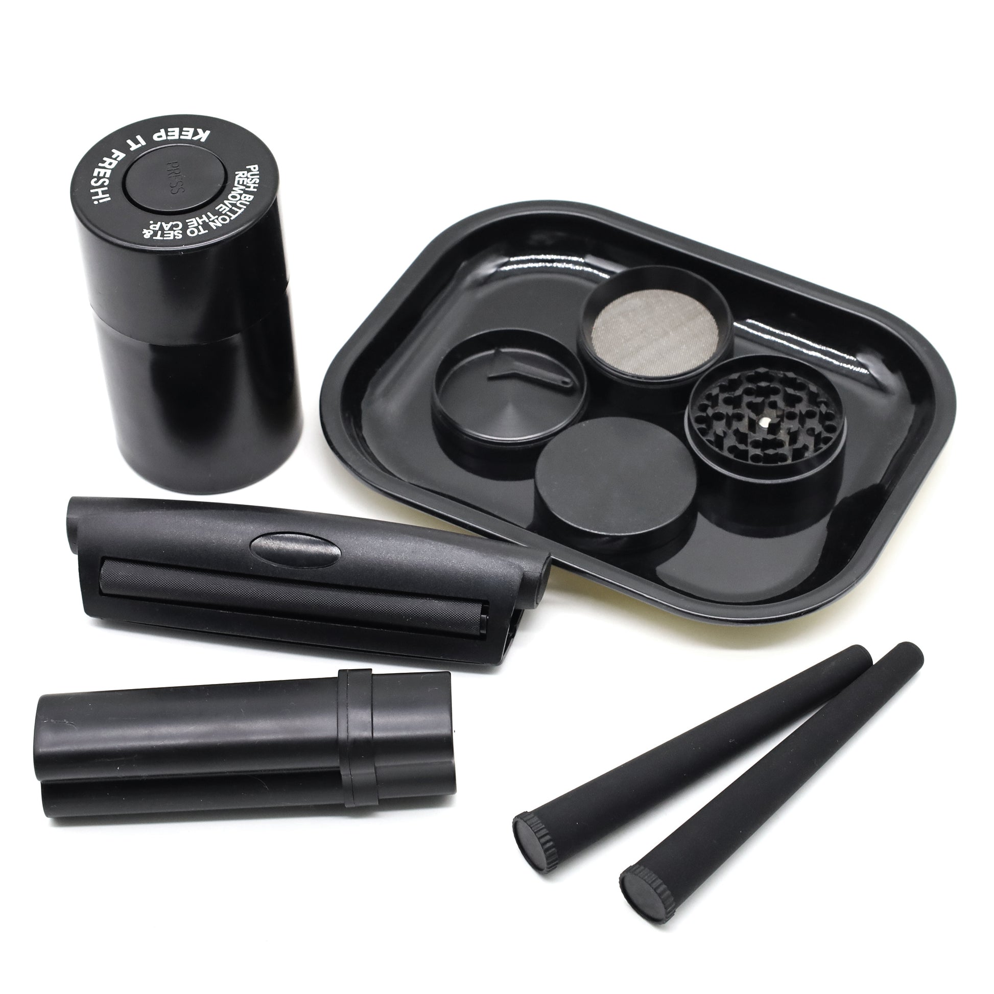 Set Fumeur Noir 7pcs : Grinder 50mm, Plateau, Pipe, Rouleur Cadeau by LSDLBoutique.ch