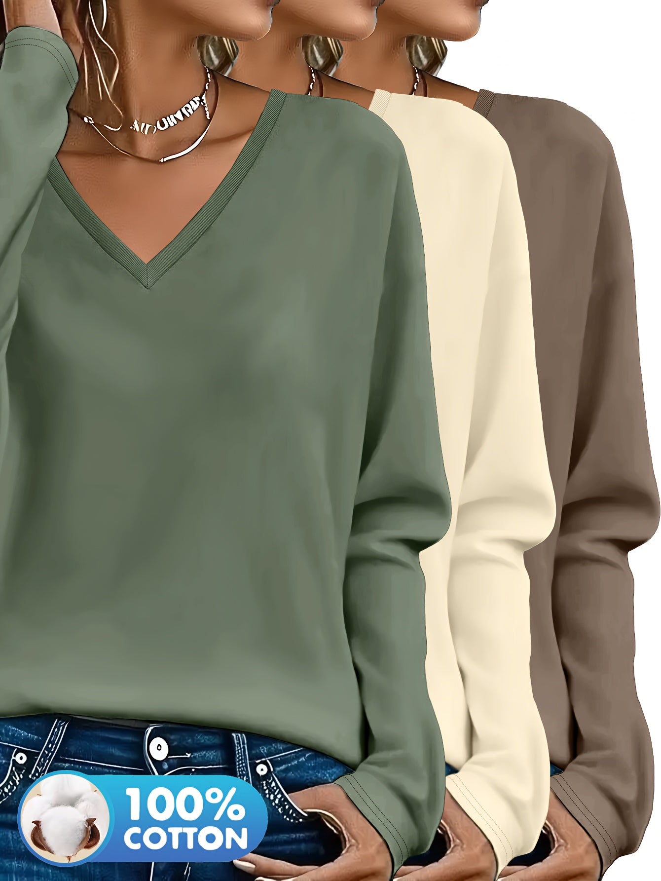 Lot de 3 Pulls Femme Col V Manches Longues 100 Pour Cent Coton Style Casual Élégant by LSDLBoutique.ch