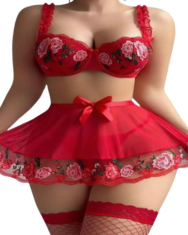 Fanny - Red Floral Set with Skirt and Lace
