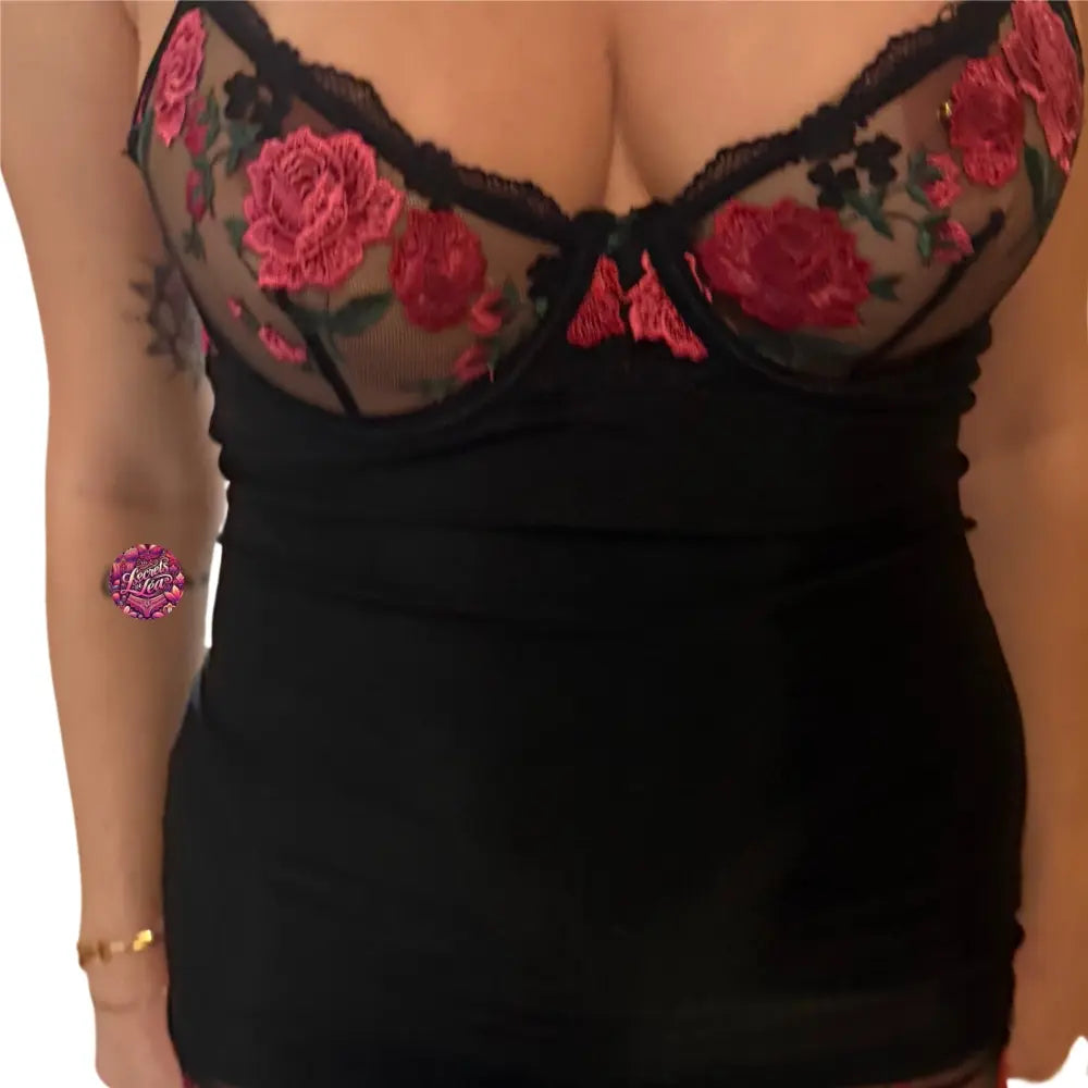 Leticia - Black Nightgown with Pink Embroidery