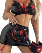Meredith - Red and Black Faux Leather Nurse Costume.
