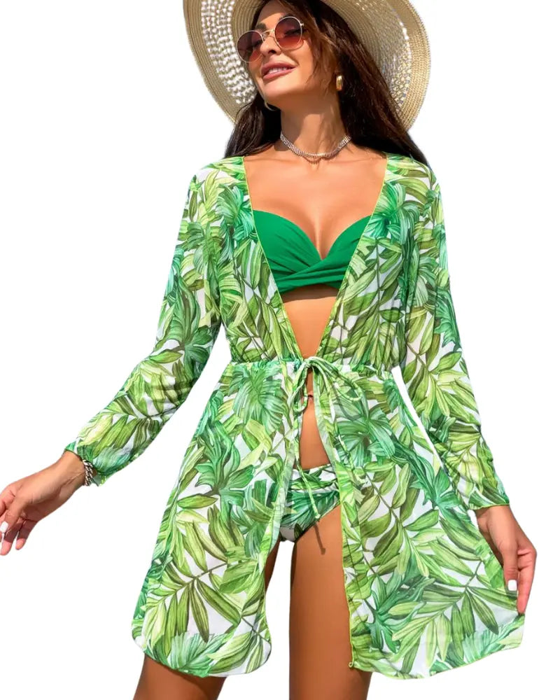 Naïma – Kimono tropical + Bikini vert 2 pièces