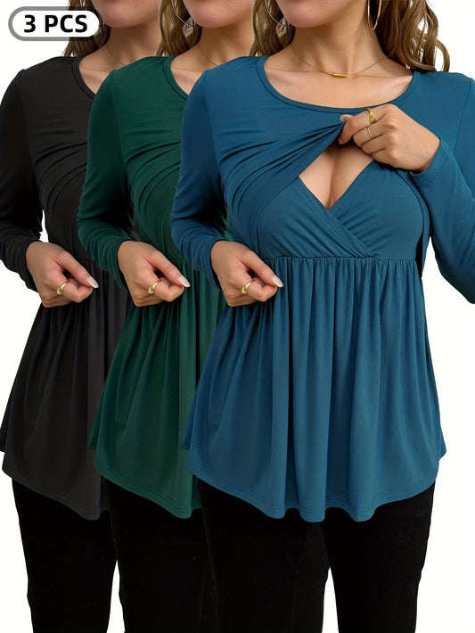 Lot 3 Hauts Grossesse Allaitement Manches Longues Stretch Confort Drapé Évolutif by LSDLBoutique.ch