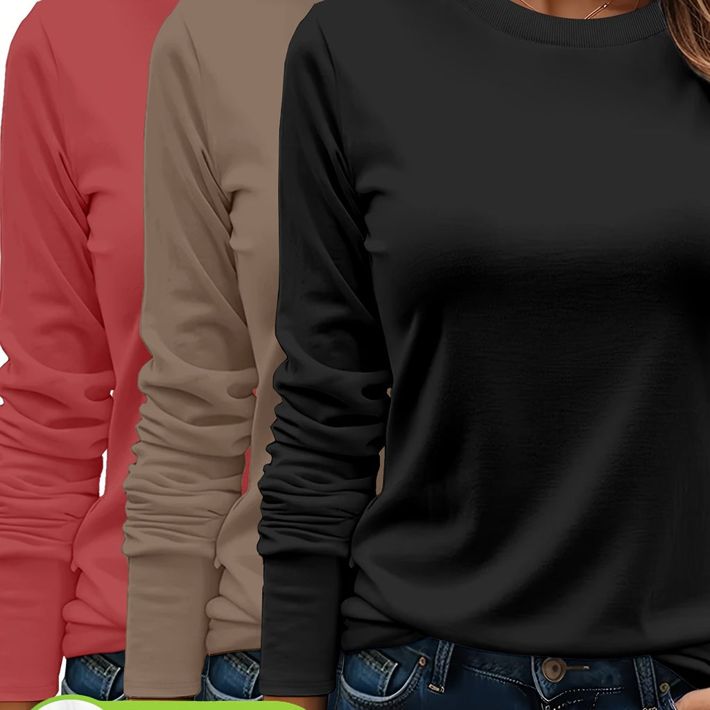 Lot De Trois T Shirts Femme Manches Longues Col Rond Coton 100 Pour Cent Confort Casual Basique by LSDLBoutique.ch