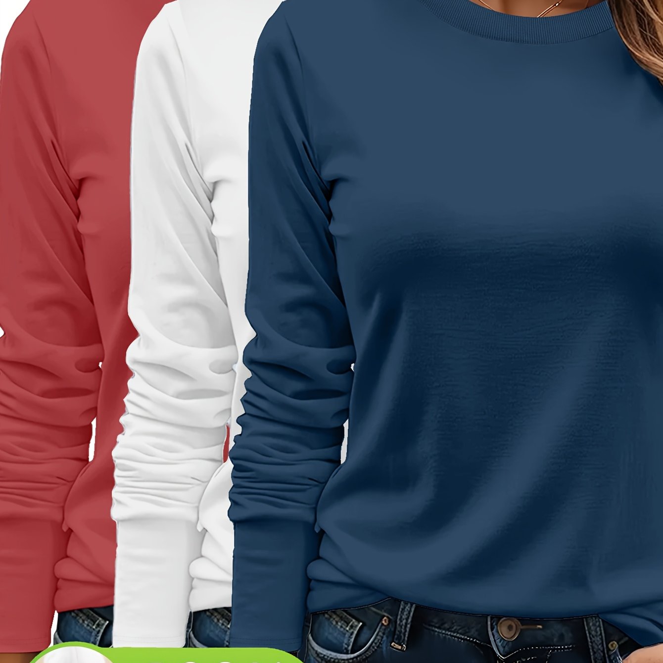 Lot De Trois T Shirts Femme Manches Longues Col Rond Coton 100 Pour Cent Confort Casual Basique by LSDLBoutique.ch