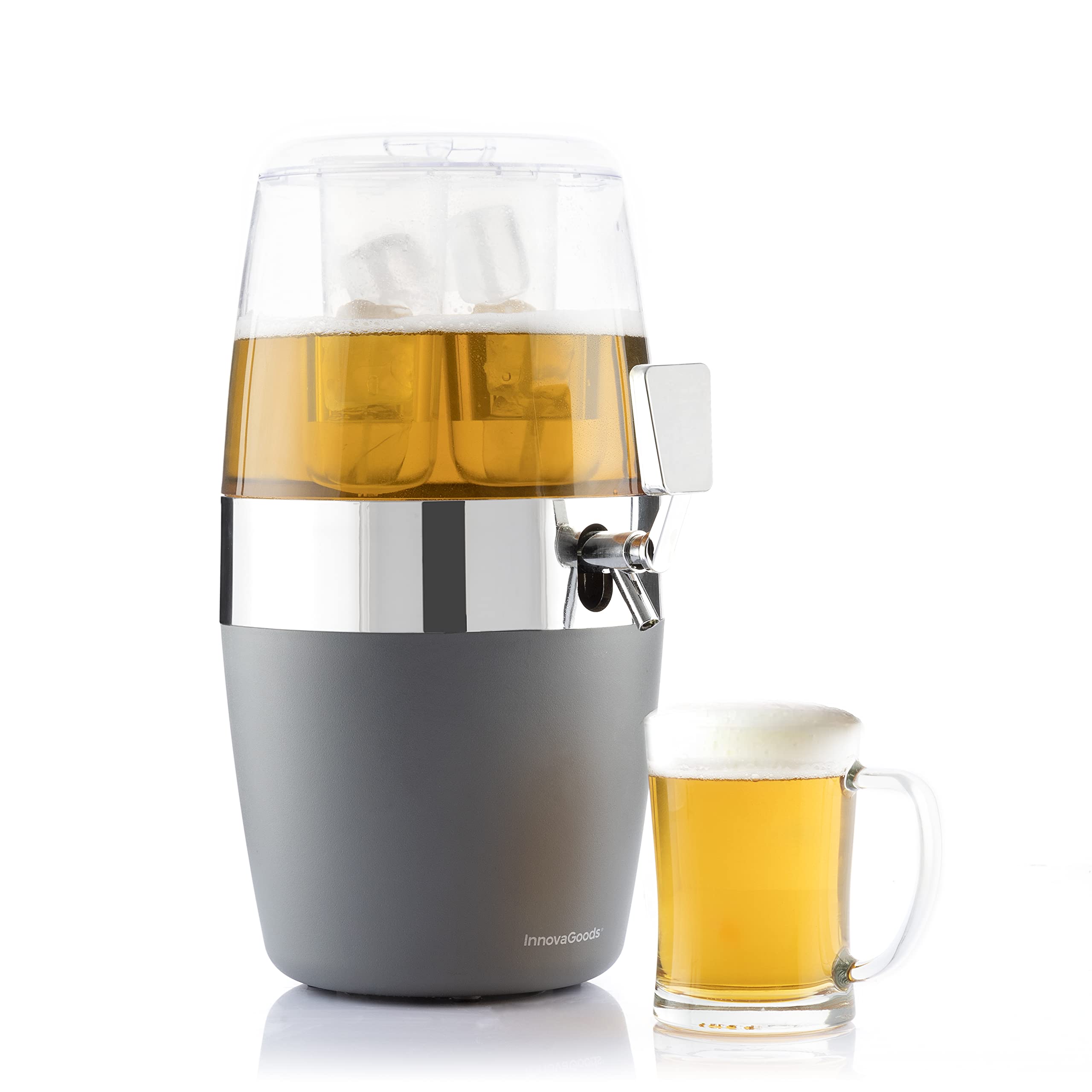 InnovaGoods - Distributeur de Bière Réfrigérant 3,5L, Machine à Jus de Fruits, Fontaine d'alcool avec Réservoir à Glaçons, PMMA Transparent et Argent Métallique, 24x24x42 cm, sans BPA
