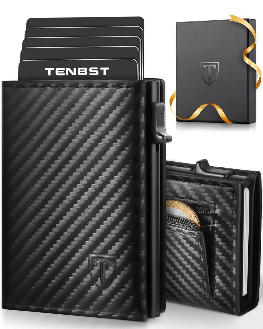 TENBST Men's Leather Wallet, RFID Blocking Card Holder, 8 Credit Card Holders, Credit Card Holder with Banknote Compartment and Coin Pocket – Gift Box