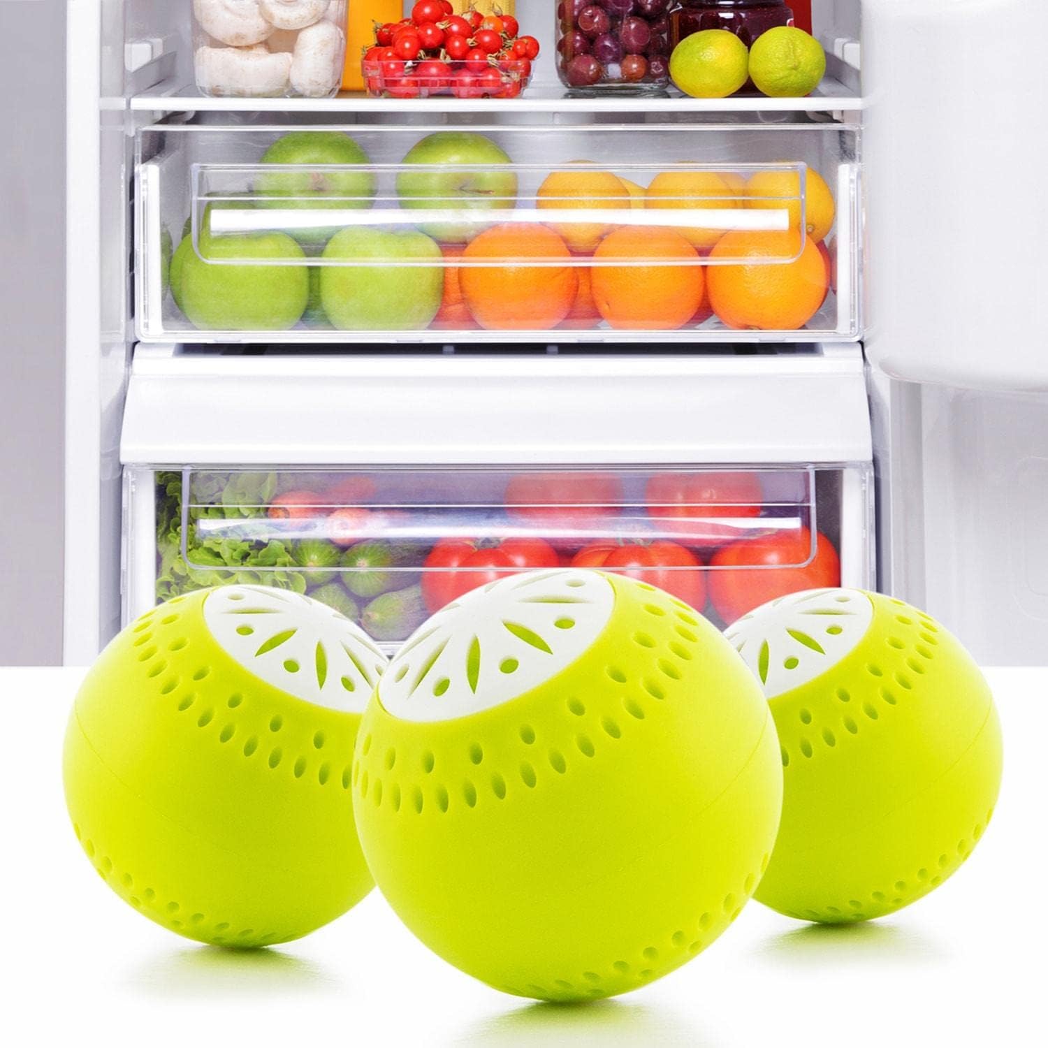 InnovaGoods - Éco-Boules pour Réfrigérateur 3 Unités, Prolonge la Fraîcheur des Aliments, Absorbe Gaz et Odeurs, Réutilisable, Éco-Responsable, ABS sans BPA, Citronier, 5x5x5 cm, Plastique
