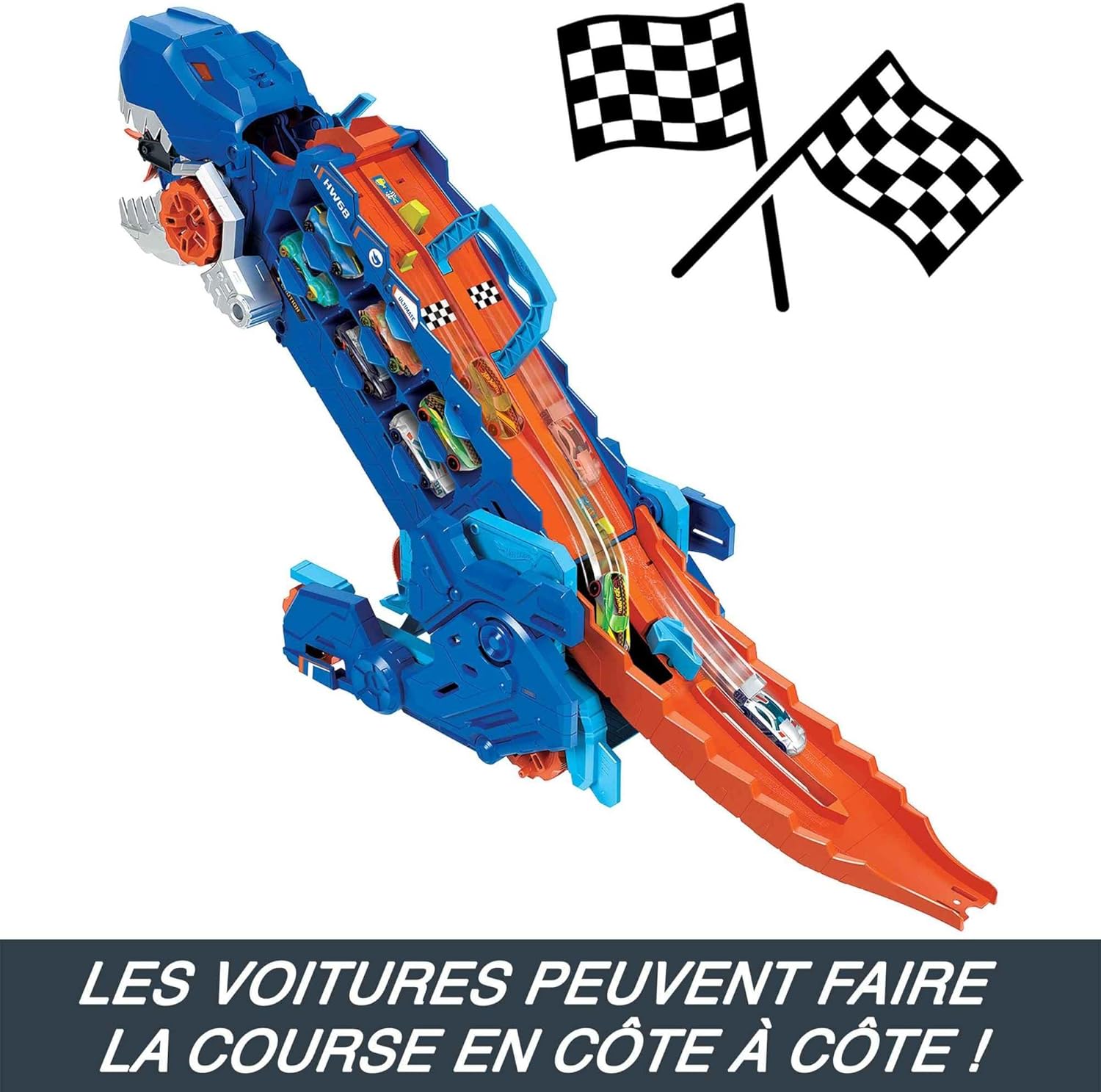 Hot Wheels Let’s Race Netflix - Camion City Transporteur T-Rex Qui Se Cabre pour Se Transformer en T-Rex avec Piste De Course, Lumières Et Sons, Jouet Enfant, Dès 3 Ans, HNG50