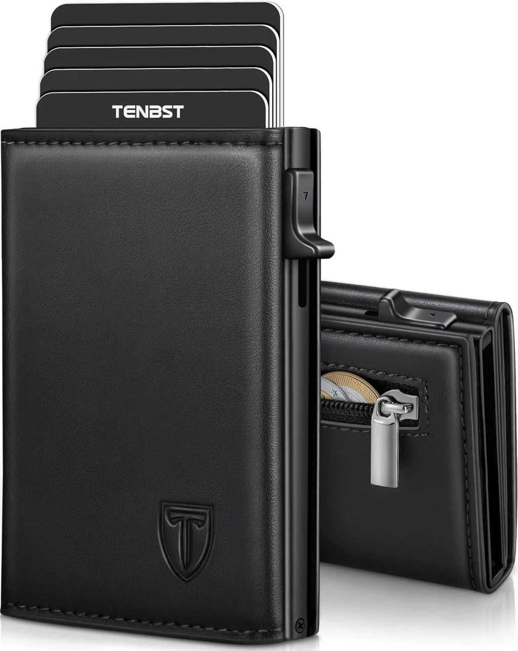 TENBST Men's Leather Wallet, RFID Blocking Card Holder, 8 Credit Card Holders, Credit Card Holder with Banknote Compartment and Coin Pocket – Gift Box
