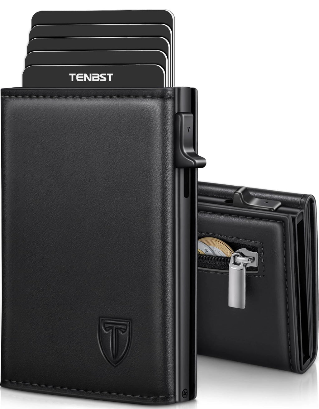 TENBST Men's Leather Wallet, RFID Blocking Card Holder, 8 Credit Card Holders, Credit Card Holder with Banknote Compartment and Coin Pocket – Gift Box