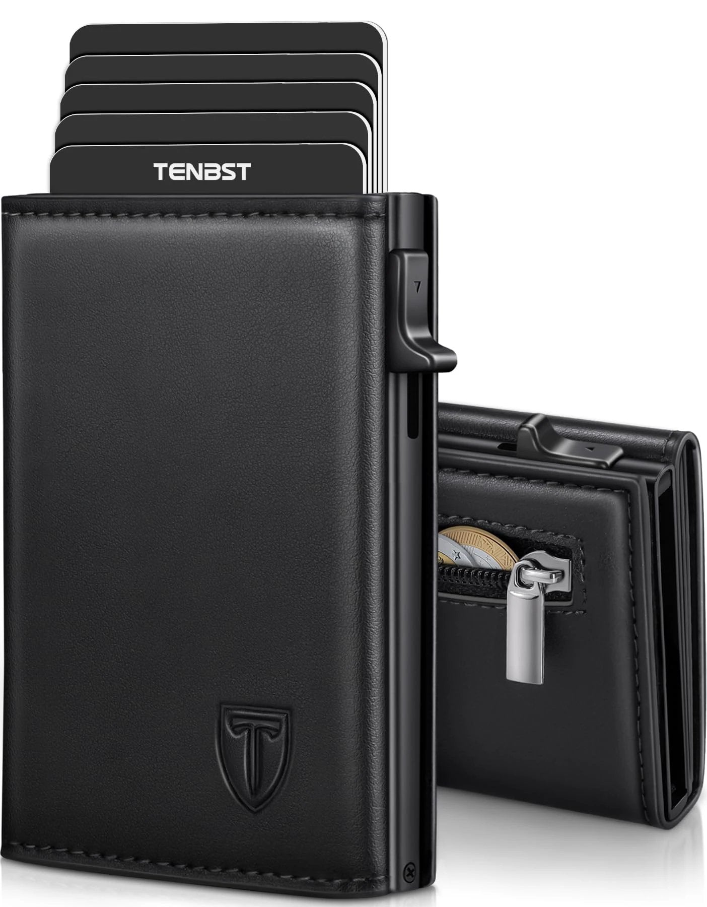 TENBST Men's Leather Wallet, RFID Blocking Card Holder, 8 Credit Card Holders, Credit Card Holder with Banknote Compartment and Coin Pocket – Gift Box