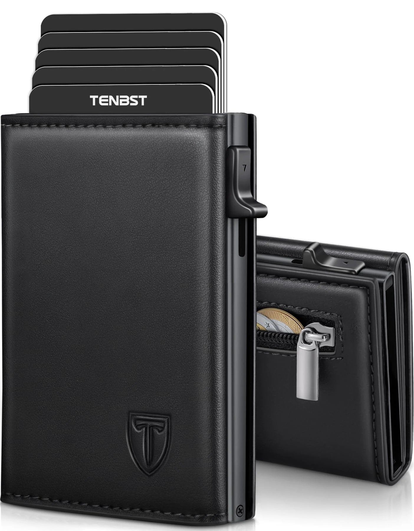 TENBST Men's Leather Wallet, RFID Blocking Card Holder, 8 Credit Card Holders, Credit Card Holder with Banknote Compartment and Coin Pocket – Gift Box