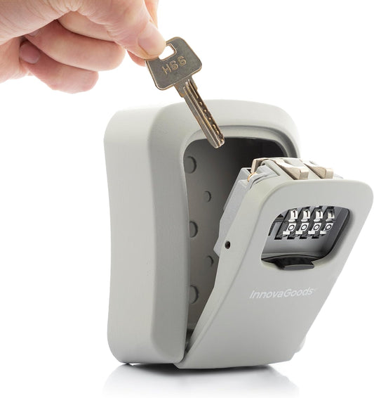 InnovaGoods - Coffre-fort pour Clés Extérieur et Intérieur, Résistant à l'Eau, Serrure à Combinaison 4 Chiffres, Compact et Polyvalent, Aluminium et Zinc, Gris, Standard, Plastique