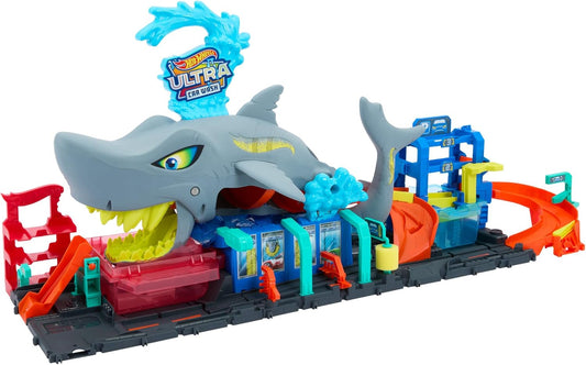 Hot Wheels Let’s Race Netflix - City Station de Lavage Requin Coffret Piste de Course avec Voiture Color Reveal à l’échelle 1/64, Fonction de Changement de Couleur et Rangement, HTN82