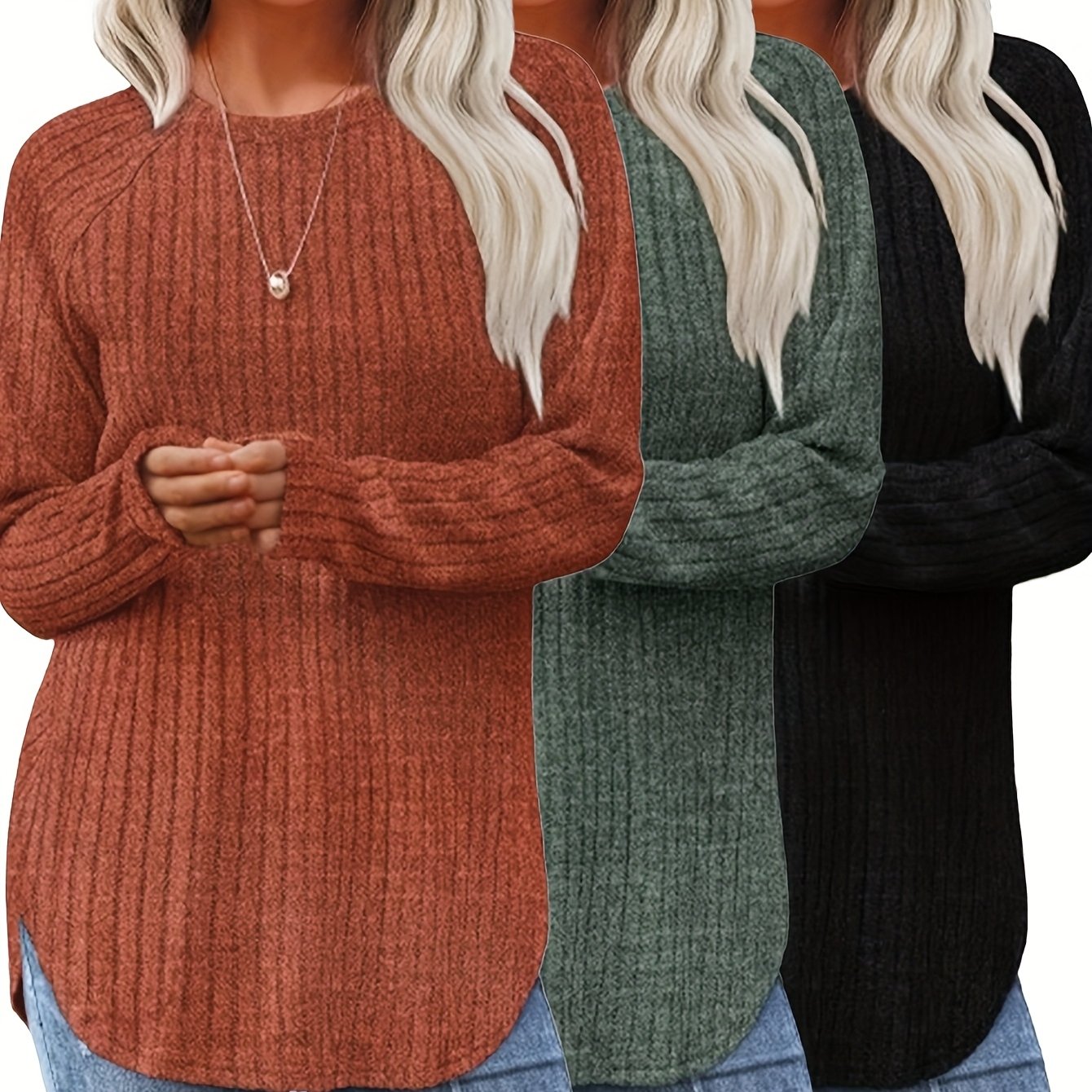 Lot De 3 Pulls Femme Élégants Col Rond Manches Longues Doux Et Légers Minimalistes Pour Le Quotidien by LSDLBoutique.ch