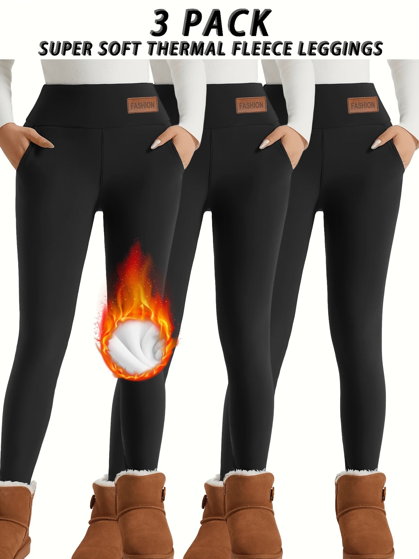 Lot De 3 Leggings Thermiques Femme Poches Taille Haute Doublés Polaire Doux Et Stretch by LSDLBoutique.ch