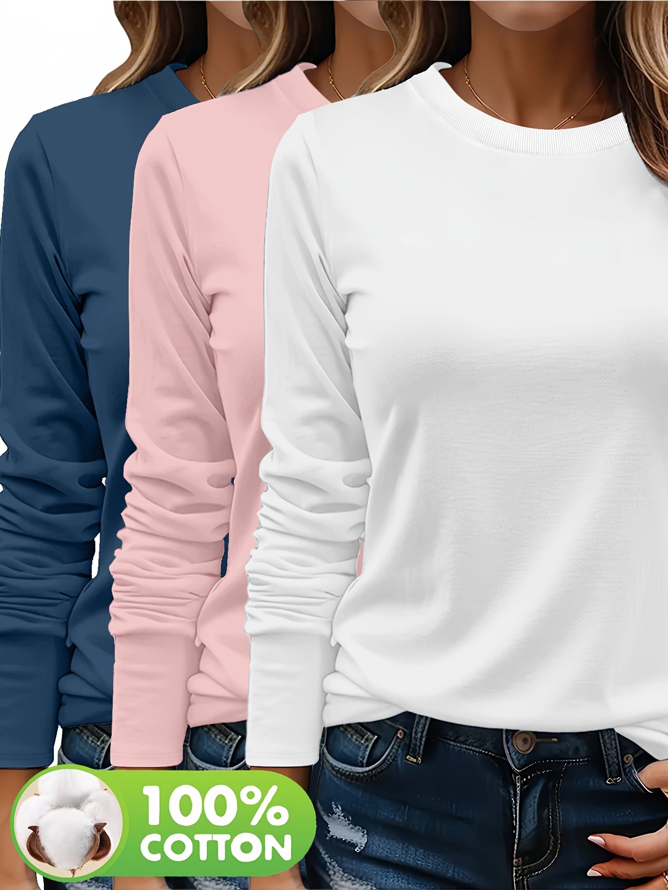 Lot De Trois T Shirts Femme Manches Longues Col Rond Coton 100 Pour Cent Confort Casual Basique by LSDLBoutique.ch