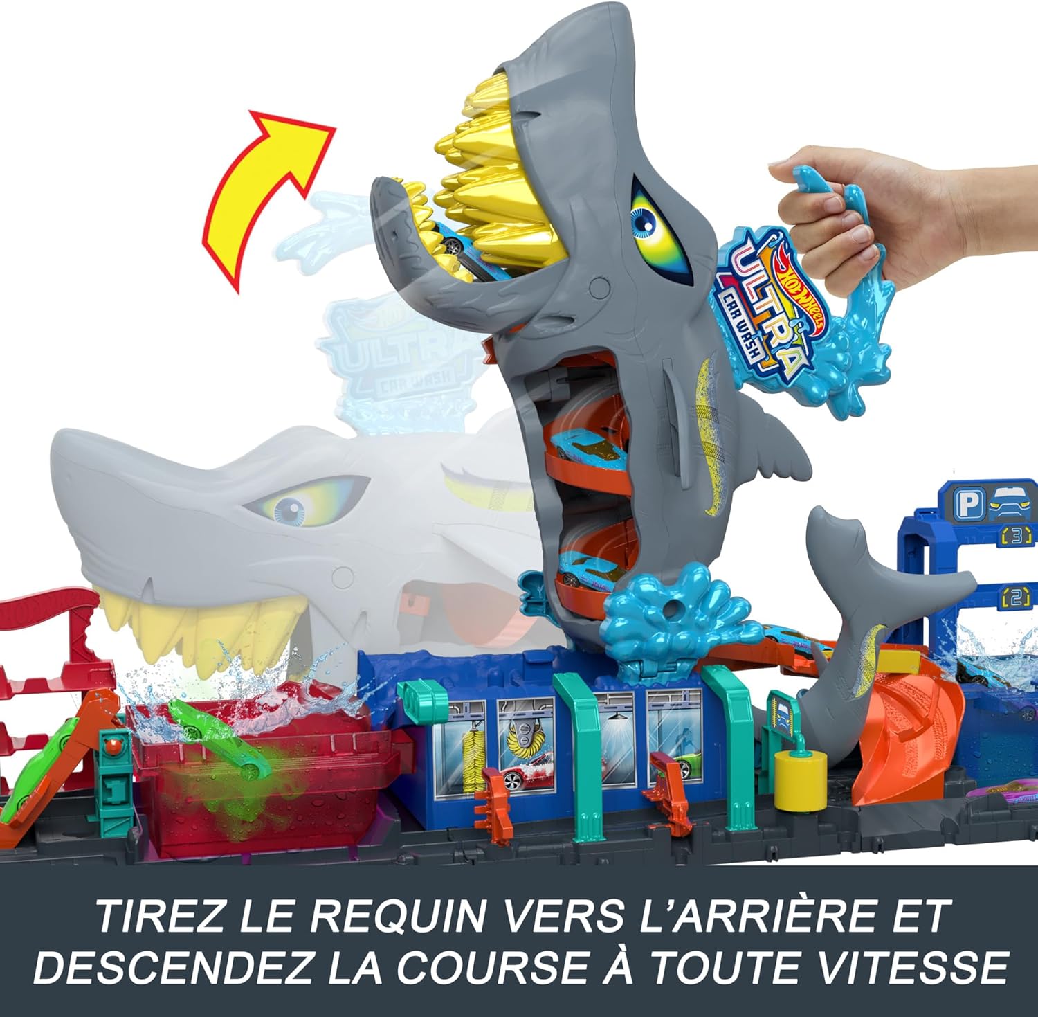 Hot Wheels Let’s Race Netflix - City Station de Lavage Requin Coffret Piste de Course avec Voiture Color Reveal à l’échelle 1/64, Fonction de Changement de Couleur et Rangement, HTN82