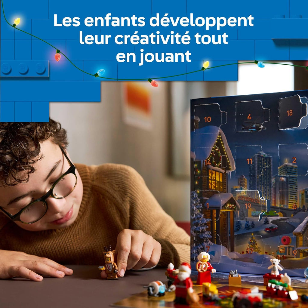 LEGO City Le Calendrier de l'Avent 2025 - Jeu pour Garçon ou Fille dès 5 Ans - Compte à Rebours Avant Noël avec 24 Surprises Dont Un Train, Une Voiture, Un Tracteur & 7 Minifigurines - Cadeau 60475