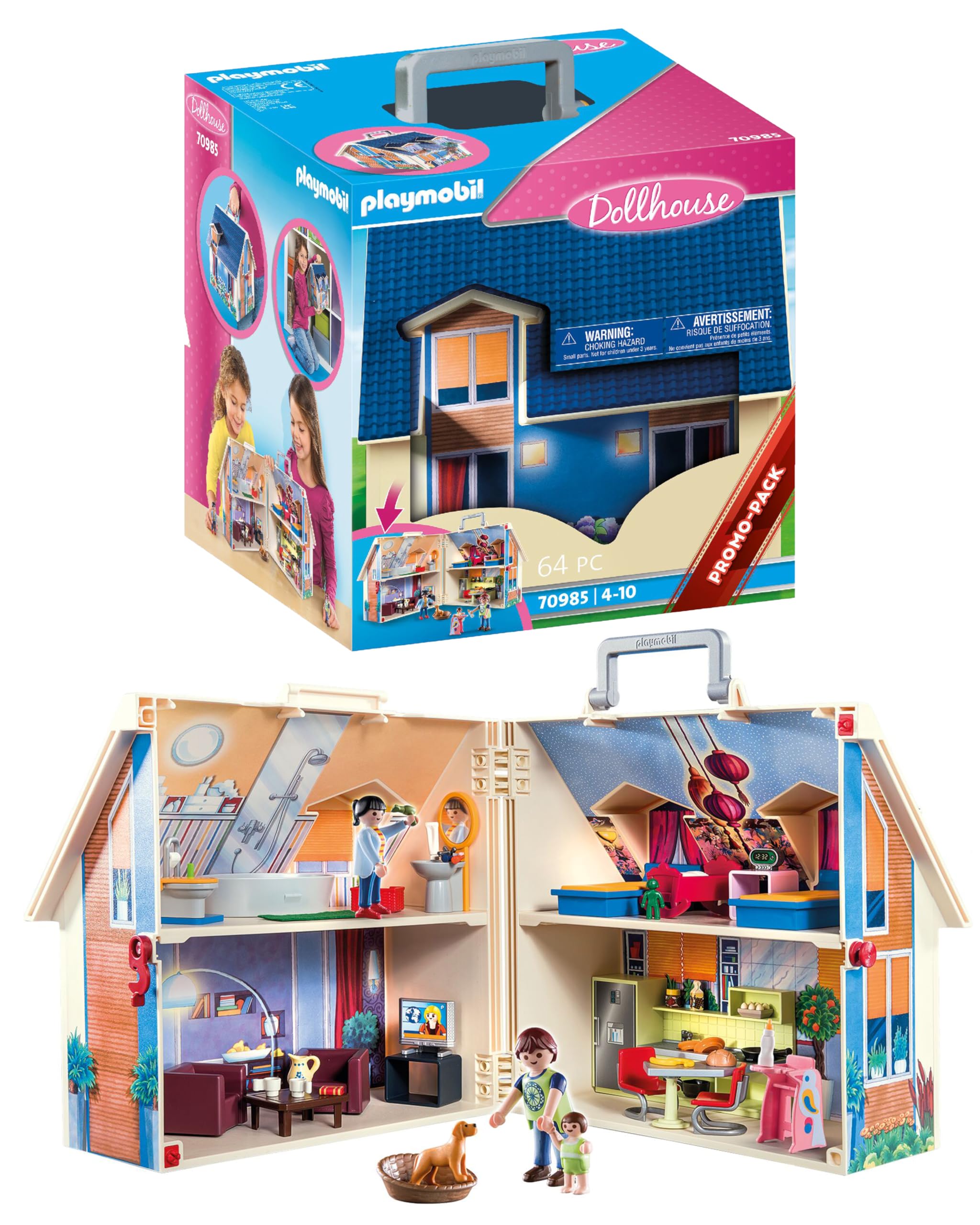 Playmobil 70985 Maison transportable - Dollhouse - avec Trois Personnages, Salle de Bains, Chambre, Salon et Cuisine - Tout équipée - La Maison Traditionnelle - s'ouvre s'emporte Partout - Dès 5 Ans