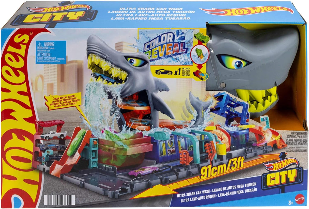 Hot Wheels Let’s Race Netflix - City Station de Lavage Requin Coffret Piste de Course avec Voiture Color Reveal à l’échelle 1/64, Fonction de Changement de Couleur et Rangement, HTN82
