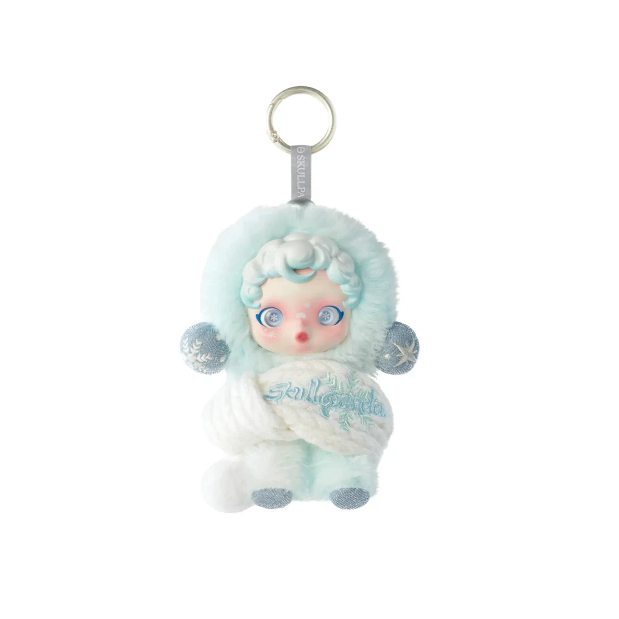 Peluche porte-clés SkullPanda Winter Symphony, mini plush bleu clair et blanc avec capuche