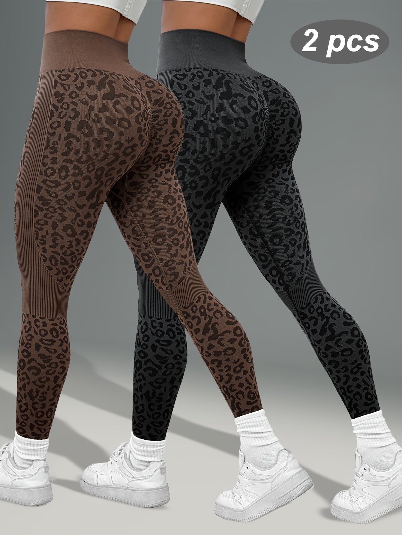 Lot de 2 Leggings Femme Taille Haute Imprimé Léopard Gainant Tissu Respirant et Opaque pour Yoga Fitness by LSDLBoutique.ch