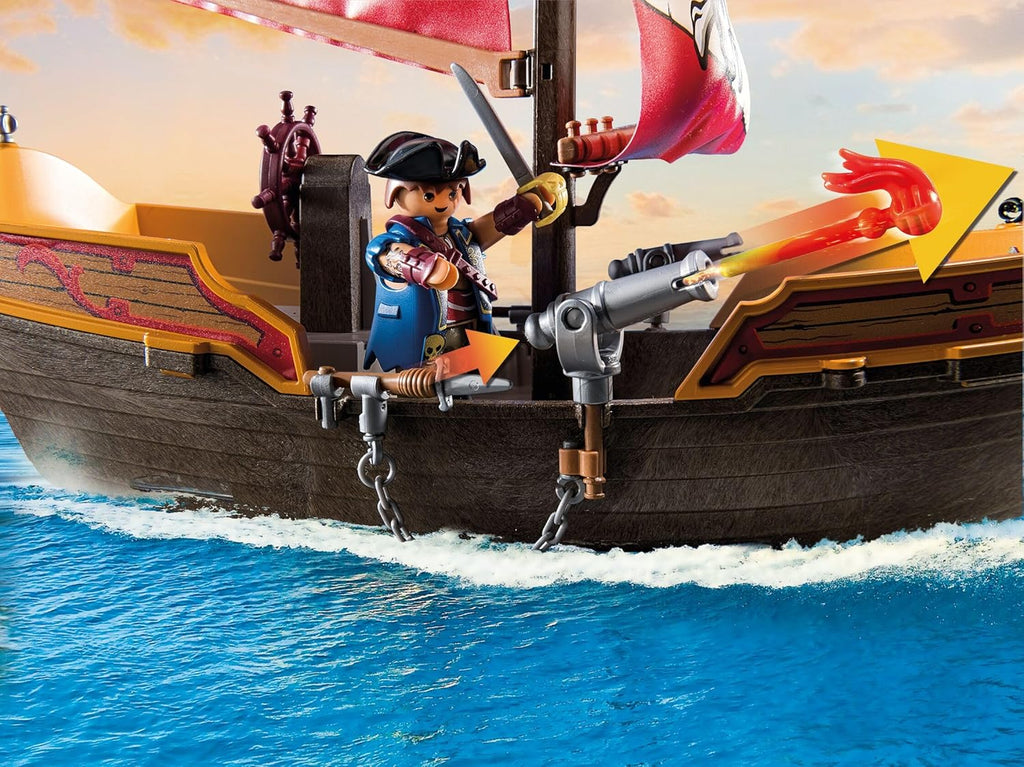 Playmobil 71418 Chaloupe des Pirates, Le Bateau Flotte et Peut être équipé d'un Moteur Submersible, avec des voiles Mobiles, des canons Mobiles et inclinables, Univers Pirates pour Enfants dès 4 Ans