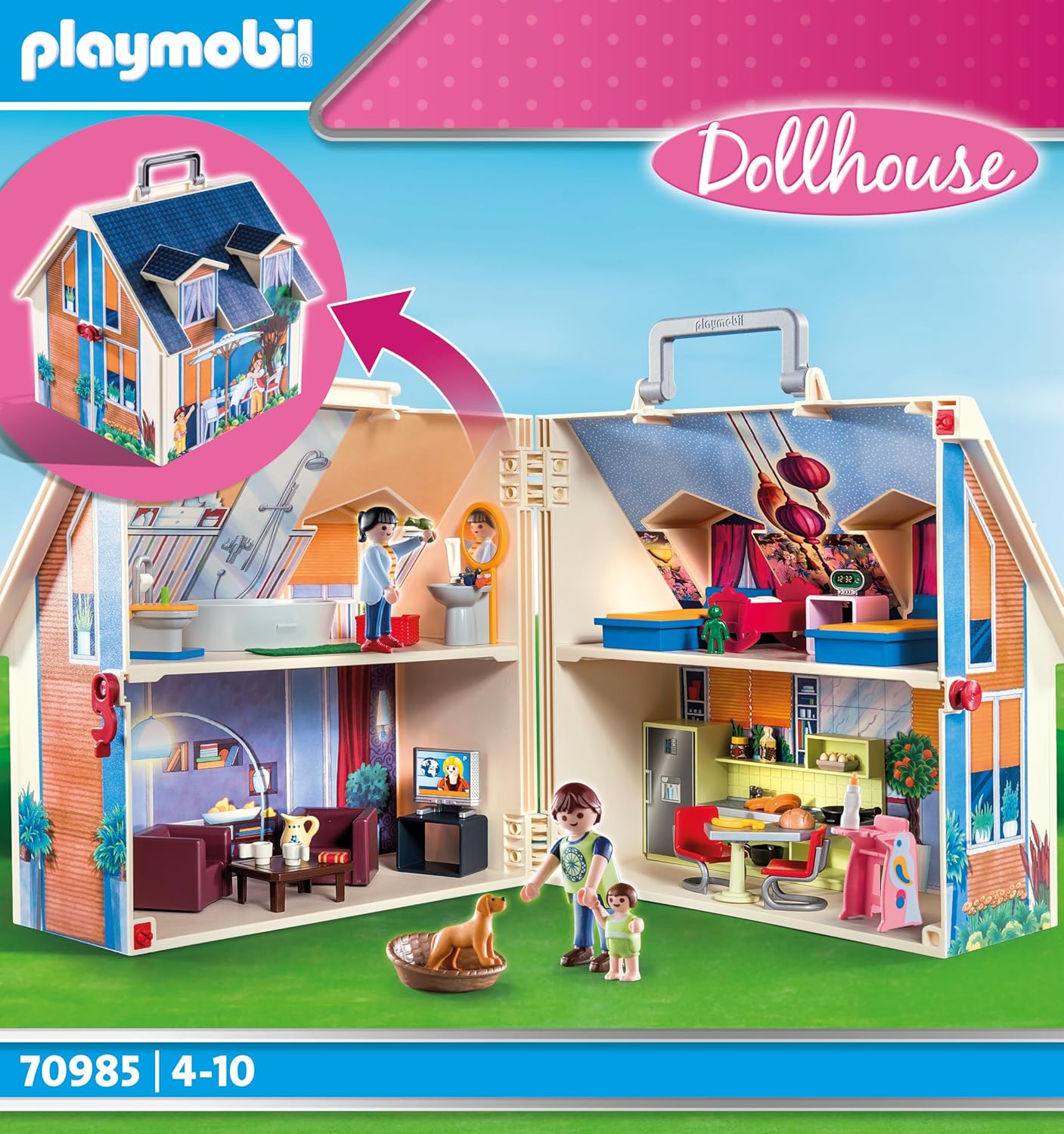 Playmobil 70985 Maison transportable - Dollhouse - avec Trois Personnages, Salle de Bains, Chambre, Salon et Cuisine - Tout équipée - La Maison Traditionnelle - s'ouvre s'emporte Partout - Dès 5 Ans