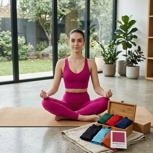 Une femme vue de face en tailleur méditant sur un tapis de yoga dans un studio lumineux, portant un ensemble de sport fuchsia. Un présentoir avec plusieurs hauts pliés de couleurs différentes (vert, rouge, bleu) et une carte de couleurs est au premier plan.