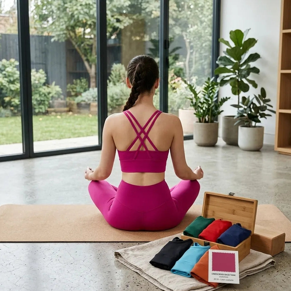 Une femme vue de dos en tailleur sur un tapis de yoga dans un studio lumineux, portant un ensemble de sport fuchsia. Un présentoir avec plusieurs hauts pliés de couleurs différentes (vert, rouge, bleu) et une carte de couleurs est au premier plan.