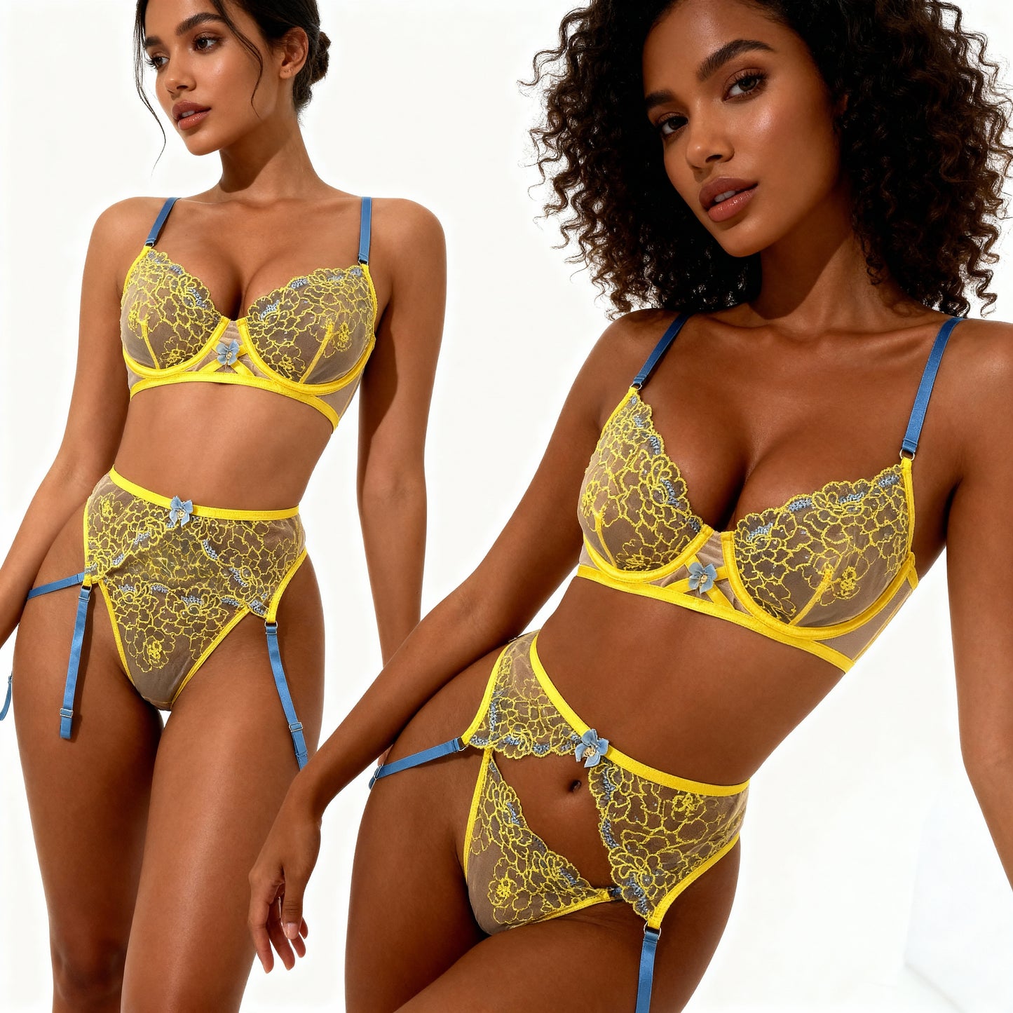 Camélia Ensemble Lingerie Luxe Dentelle Jaune Bleu Trois Pièces Transparentes et Sensuelles by Les Secrets de Léa