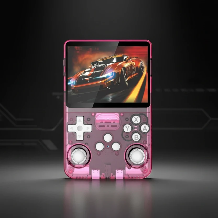 Console de jeu portable BOYHOM R36S ARKOS 2.0, coque translucide rose et boutons gris.