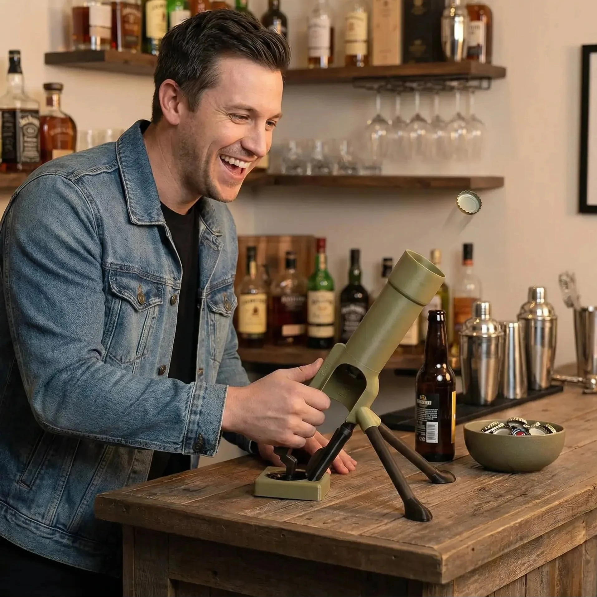 Décapsuleur mortier 51 mm par LSDLBoutique, couleur vert olive, ouvre-bouteille décoratif.