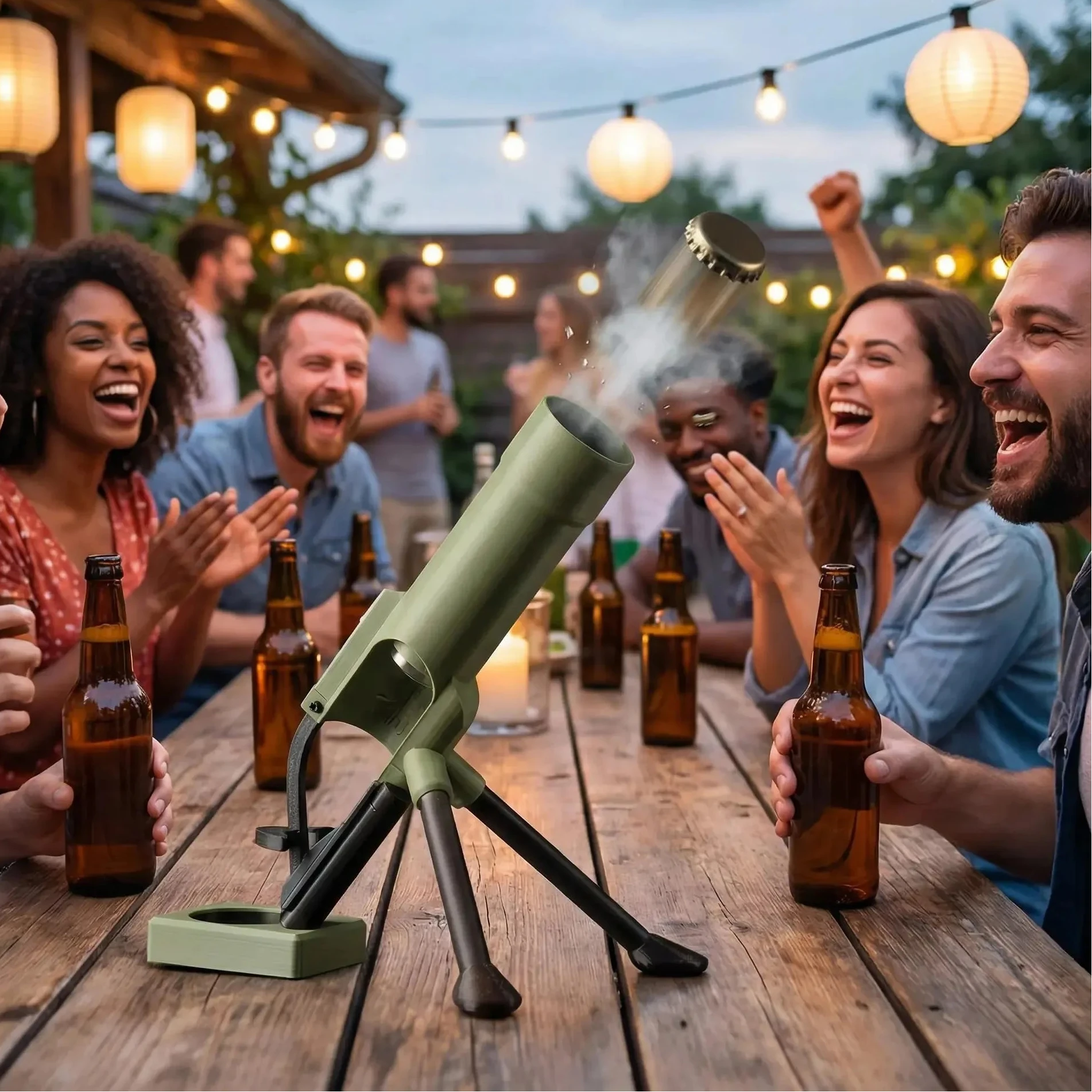 Décapsuleur mortier 51 mm en métal olive kaki sur socle avec trépied noir