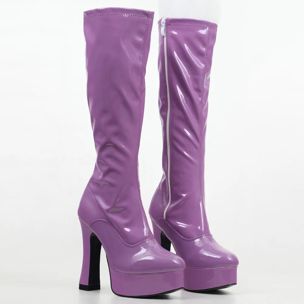 Bottes Femme Genou Haut Talons Épais Plateforme Style Occidental Cuir