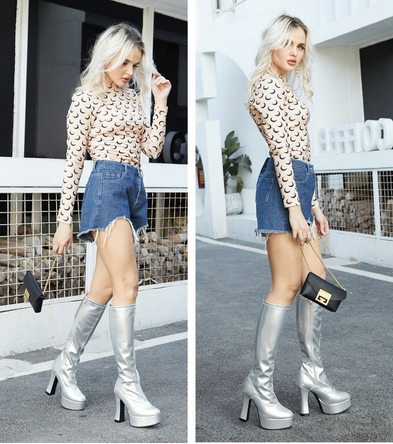 Bottes Femme Genou Haut Talons Épais Plateforme Style Occidental Cuir