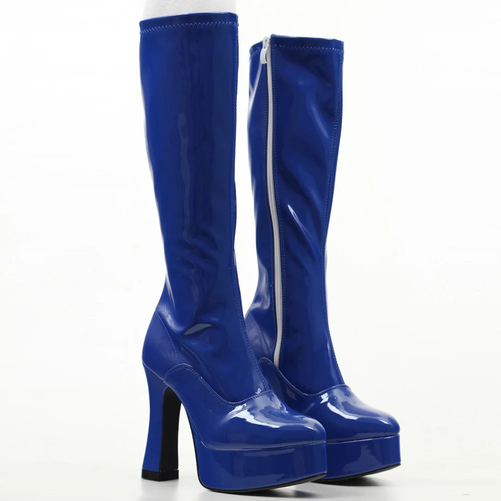 Bottes Femme Genou Haut Talons Épais Plateforme Style Occidental Cuir