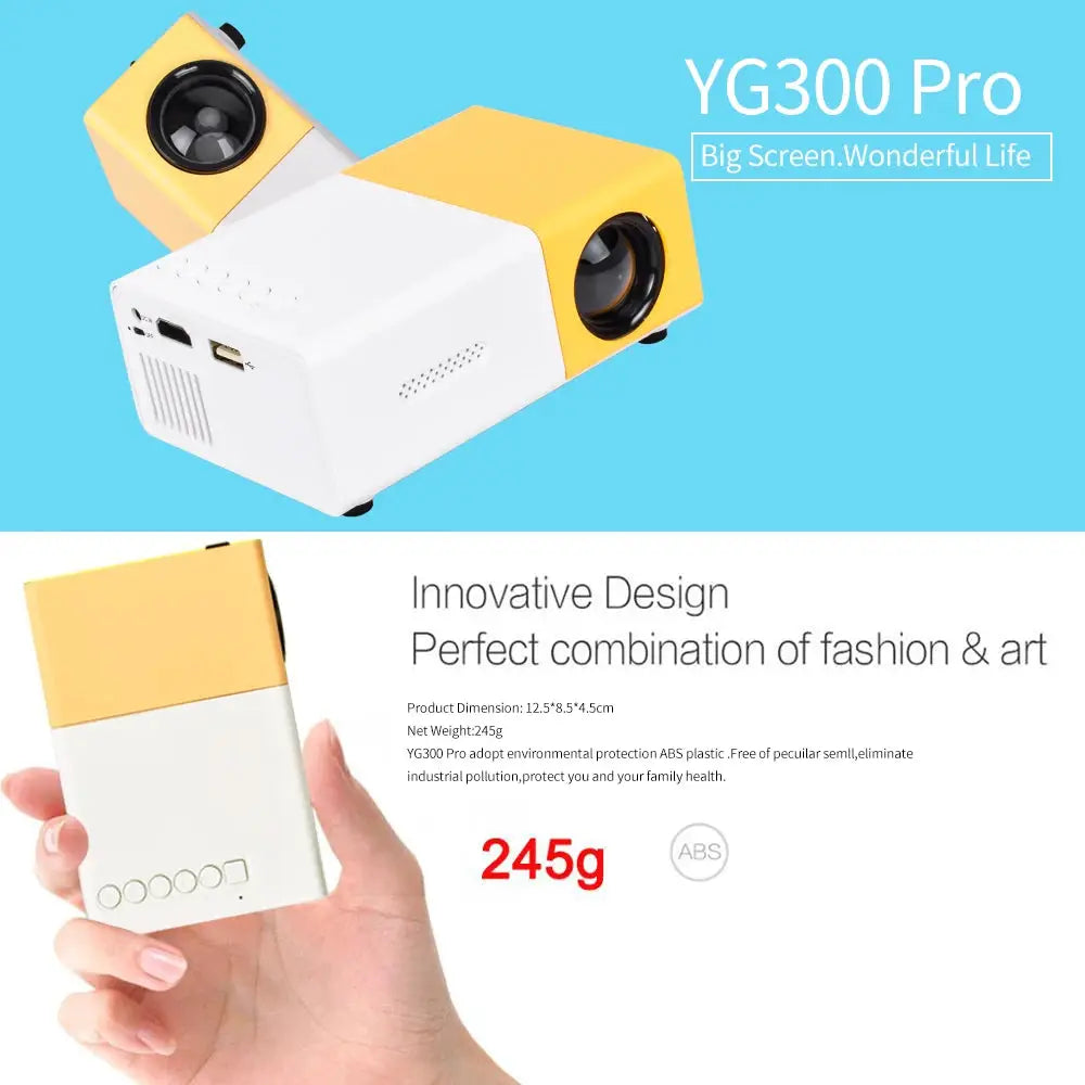 Mini projecteur LED portable Salange YG300 Pro, boîtier blanc et jaune avec lentille noire